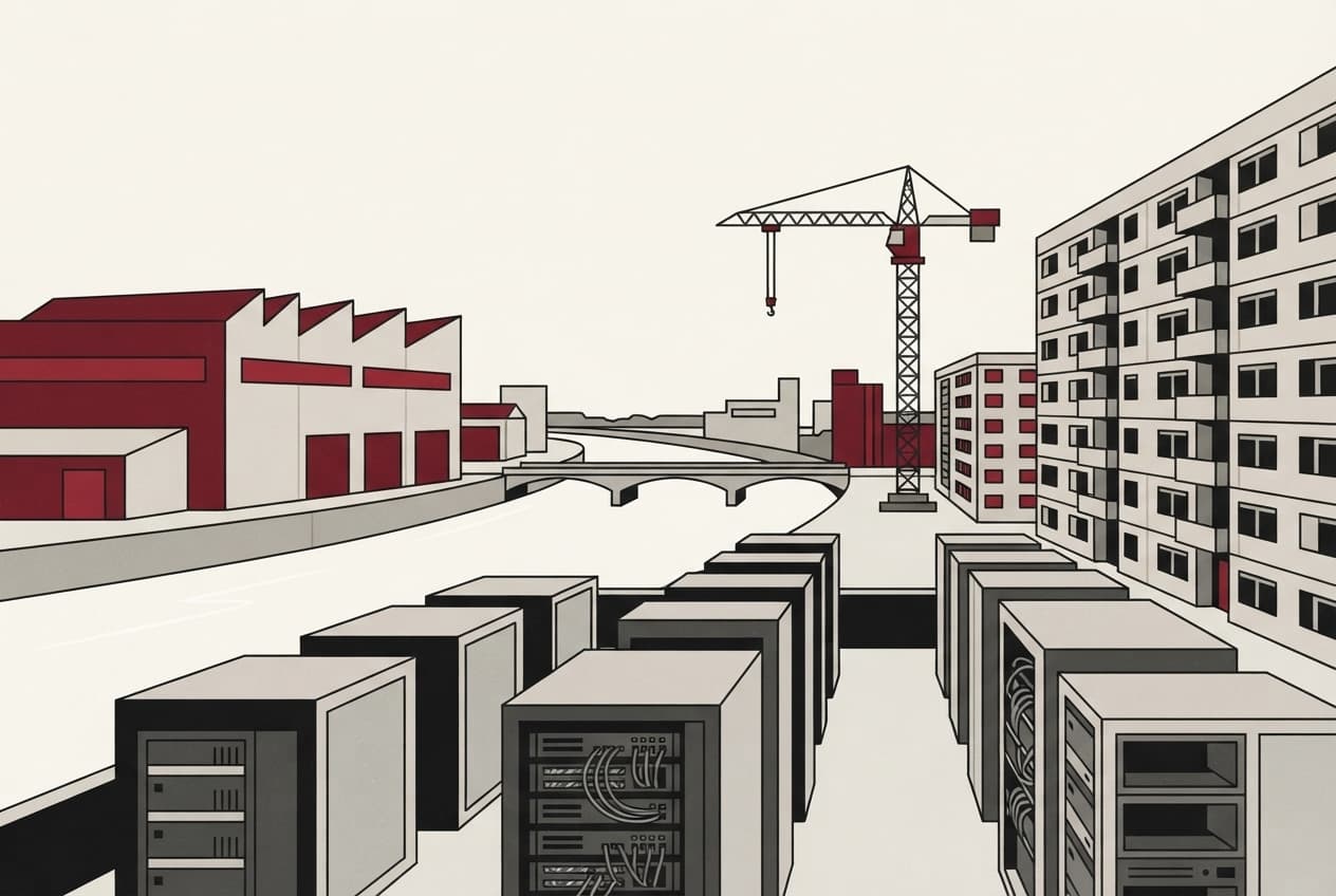 Flat illustration of Data centre building, Industrial warehouse, Apartment block, Server racks, Crane