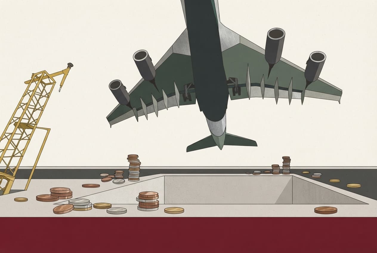 Flat illustration of Runway, Coins, Jet, Concrete, Pit